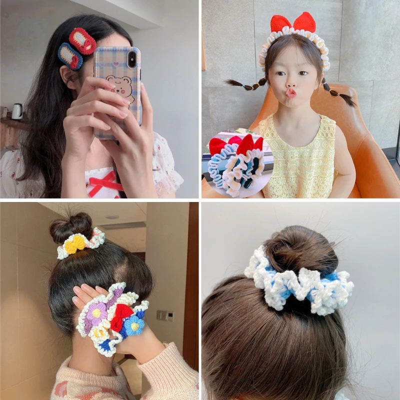 

4Pcs Princess Hair Set Knitted Handmade Bowtie Woven Hairpin Headband Scrunchies XXFD