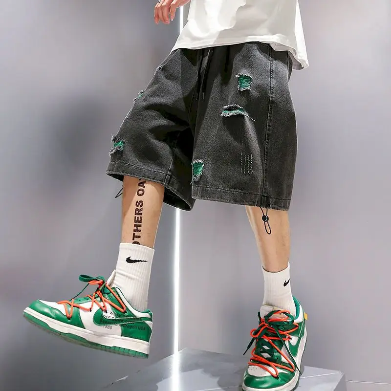 

Summer Ripped Denim Shorts Men's Trendy Brand Wide-leg Straight Casual Pants Large Size Loose Trend Hip-hop Five-point Pants MEN