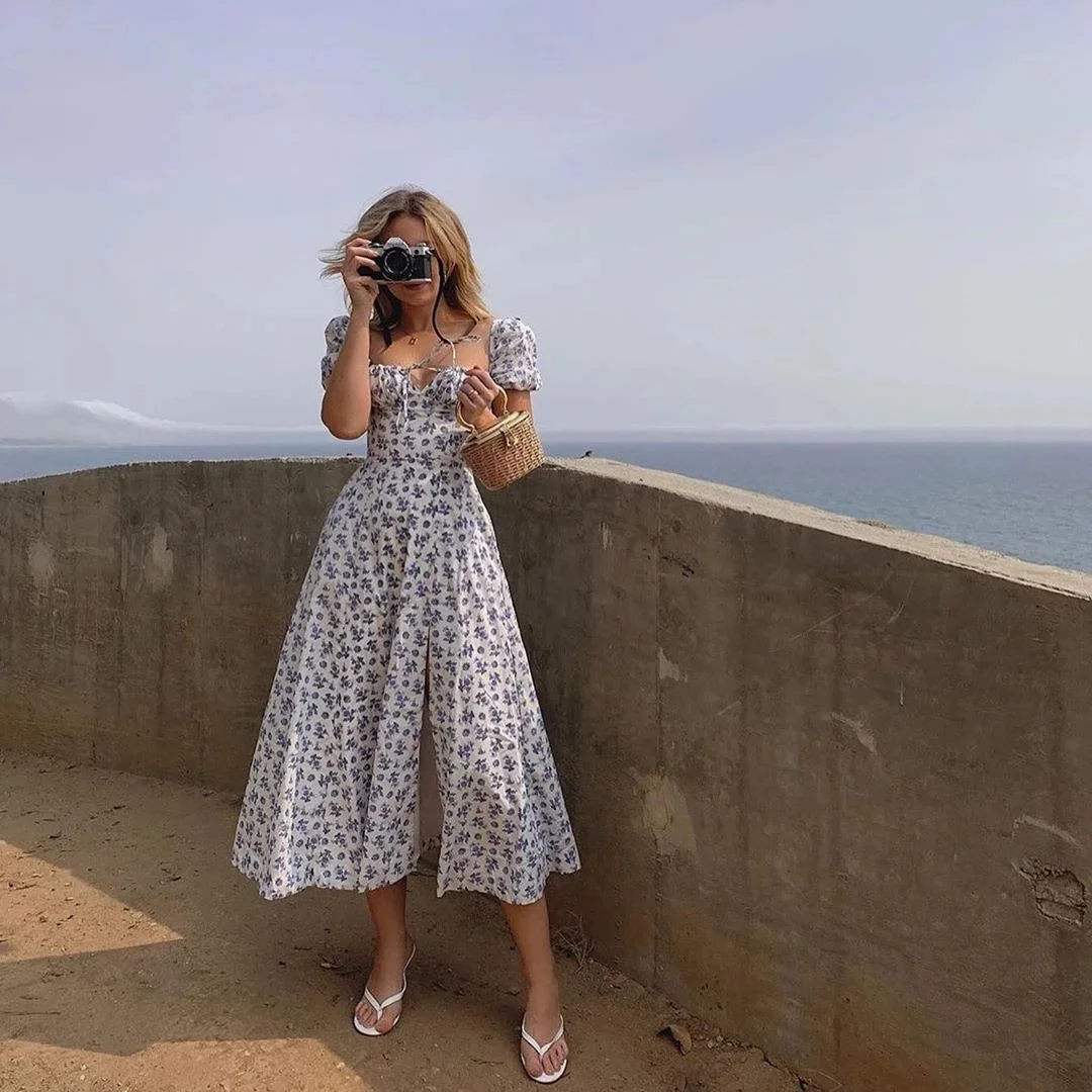 

Summer Dress Women Short Puff Sleeve Flroal Printed Ruched Party High Split Long Maxi Dresses Drawstring Sexy Vestidos Sundress