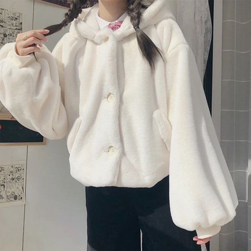 Winter Teddy Jackets Cute Parkas Soft Fluffy Faux Fur Coat Women with Hood Long Sleeve Lovely Harajuku Kawaii Teddy Jacket White