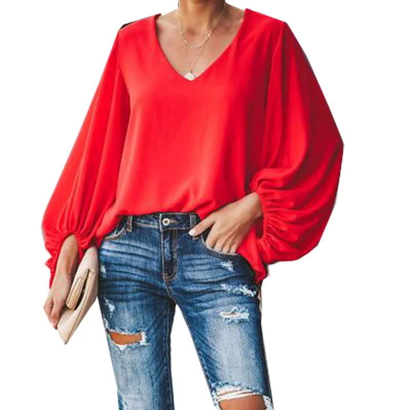 Women Tops Chiffon shirts puff Sleeve V-Neck Loose Fashion office lady blouse autumn tops |