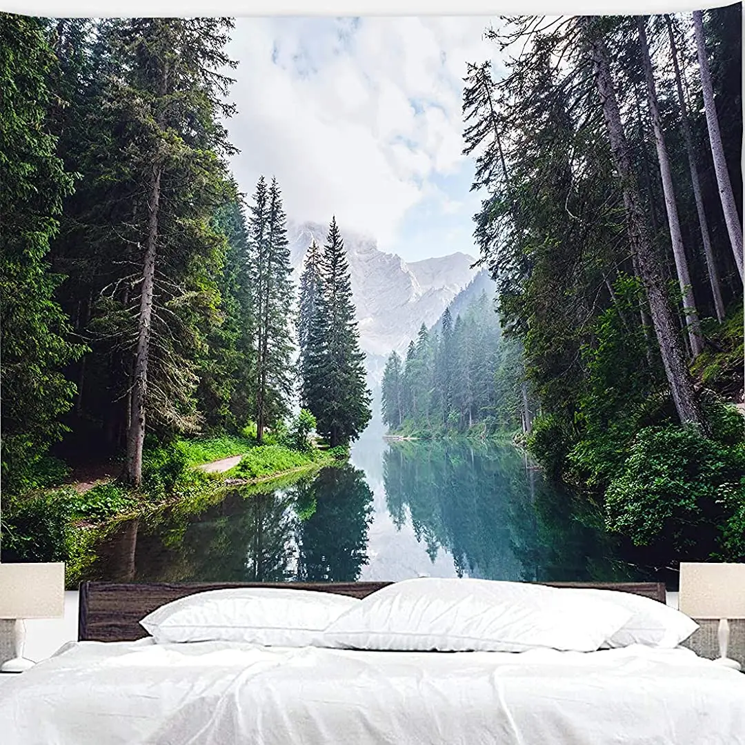 

Showutheworld Green Forests Tapestry Quiet Rivers Wall Hanging Tapestry Natural Mountains Wall Tapestry for Home Living Room