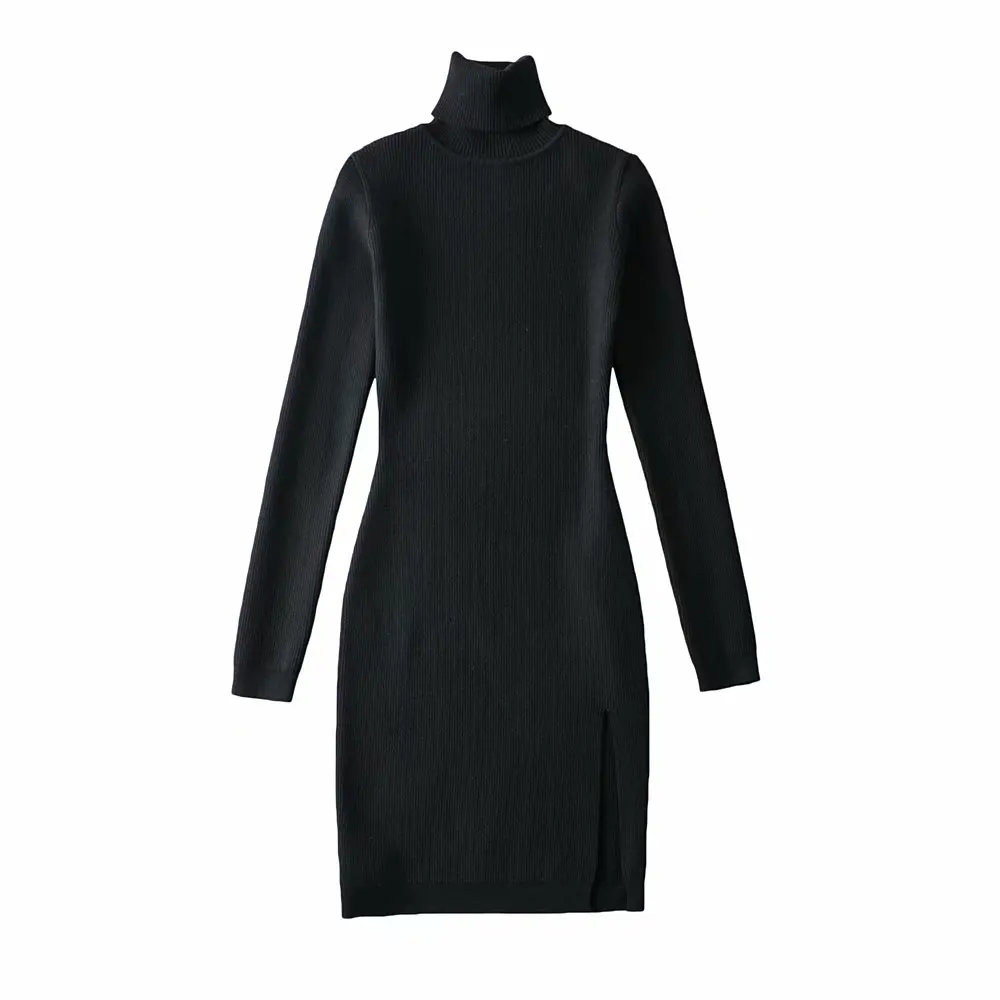 

Women Mini Knitted Turtleneck Sweater Dress Sexy Slim Elastic Long Sleeve Dress Summer Autumn Party Club Lady Split Dresses
