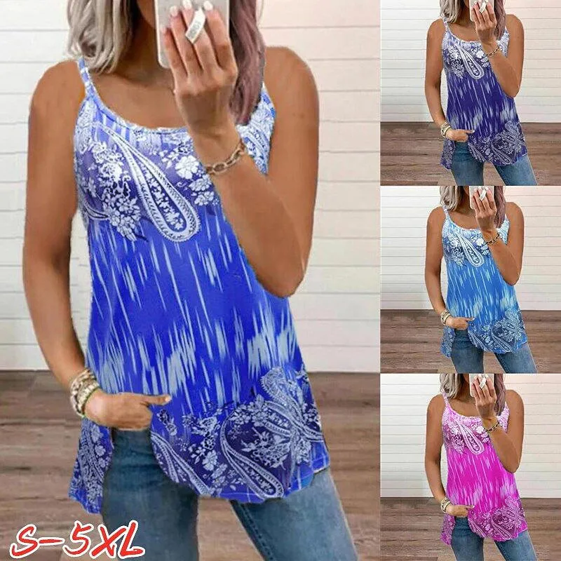 

Oversized Beach Party Casual T shirts Womens Sexy Sleeveless O-Neck Vintage Print Tops Ladies Loose Spaghetti Strap Tank T shirt