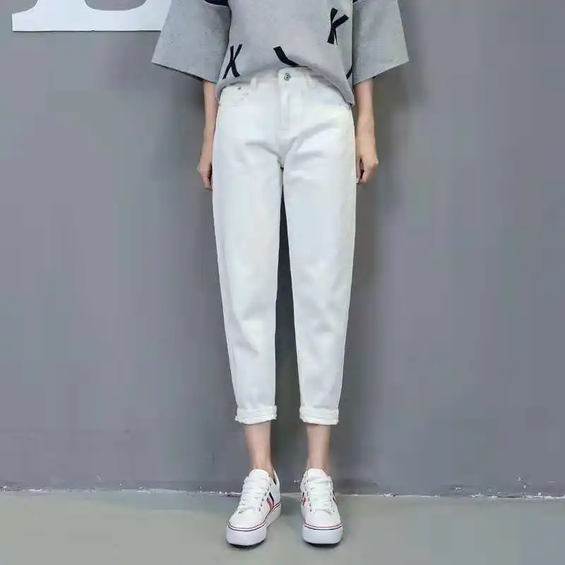 

Women's Ripped Holes Loose Slim Korean Jeans High Waist Student Wide-leg Cropped Pants