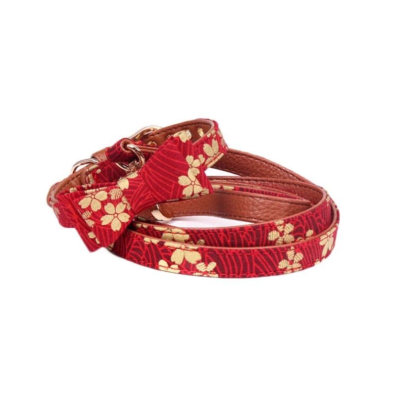 red cherry Двухслойный ошейник с бантиком для домашних животных, собак, поводок для собак, веревка для поводка, милая Мода для маленьких плюшевых питомцев - Цвет: red cherry