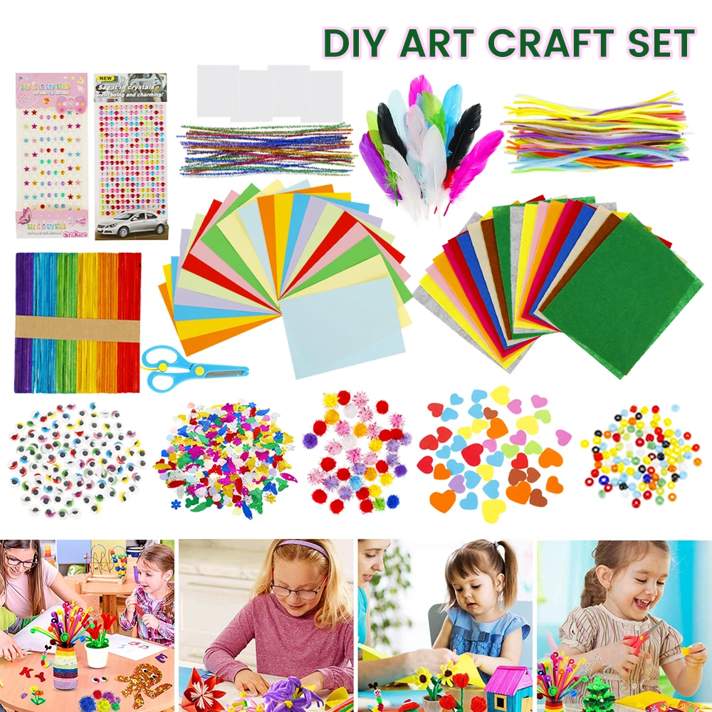 

DIY Craft Toy Set Popsicle Sticks Plush Stick Pom Poms Googly Wiggle Eyes Toy for Children Creative Handmade Material Pack