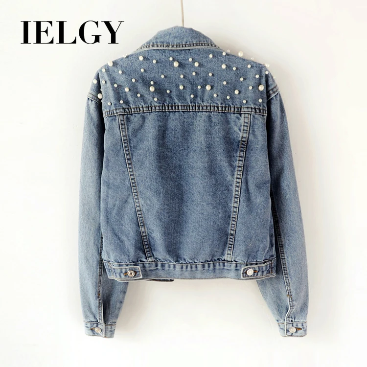

IELGY New Beaded Wild Pearl Loose Denim Jacket