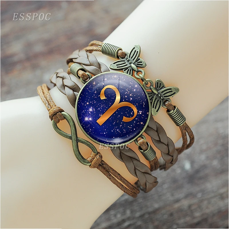 

12 Constellation Bangle Bracelet Handwoven Brown Leather Bracelets for Woven Leo Aries Virgon Taurus Gemini Bracelet Jewelry