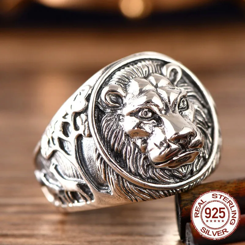 

925 Sterling Ornament Cool Lion Head King of Beasts Cool Men Ring Thai silver Vintage Punk Gothic Biker Lion Head Finger Rings