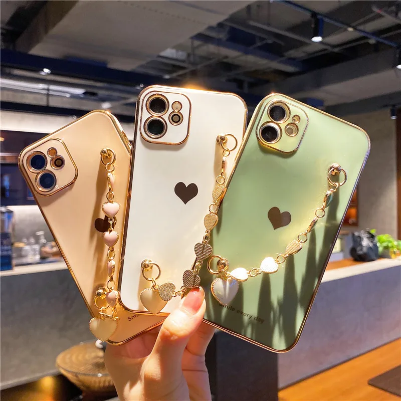 

Electroplated Pearl Hand Catenary Hang rope Phone Case For iPhone 12 11 Pro Max 12mini XR X XS Max 7 8 Plus SE2 love heart Cover