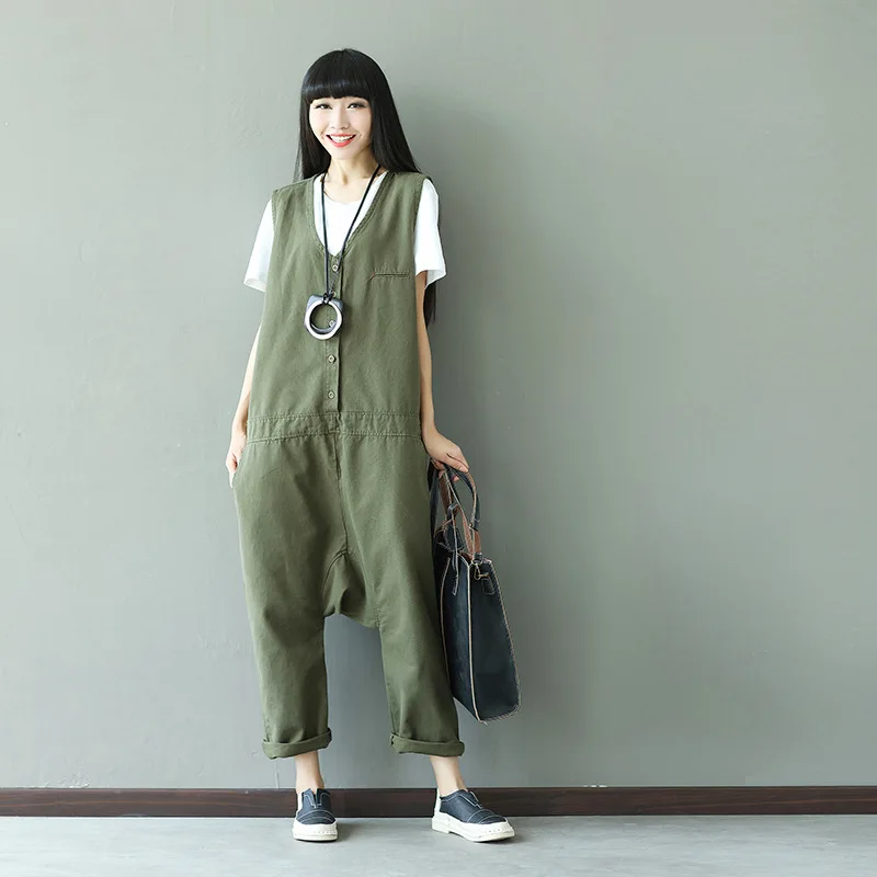 Plus Size Jumpsuit Women Summer 2020 Army Green Japan Style Casual Side Pockets Drop Crotch Hip Hop Romper