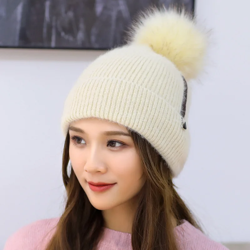 Зимние утолщенные вязаные шапочки для волос женская однотонная цветная нашивка