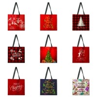 red christmas tree print tote bag linen fabric bag casual folding shopping bag outdoor beach bag daily handbag