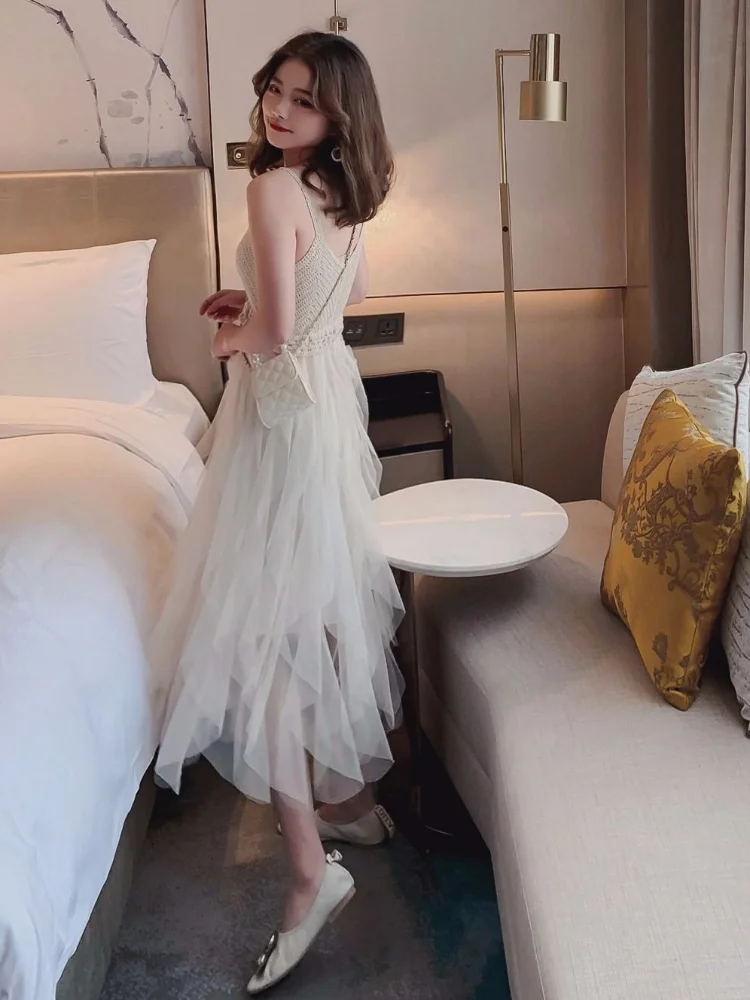 

2021 summer sleeveless sling mesh tulle lace tulle dress pink and black sexy retro dress elegant and charming full of charm