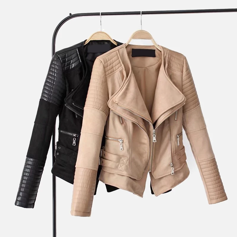 

2020 New MS. Fashion Spring Fall Faux Leather Jacket, O-collar Zipper Biker Basic Jacket Female Black Khaki Jacket Feminization