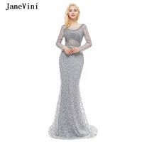 janevini luxury beaded gray mermaid lace prom dresses long sleeves full pearls dubai prom party gowns backless vestidos fiesta