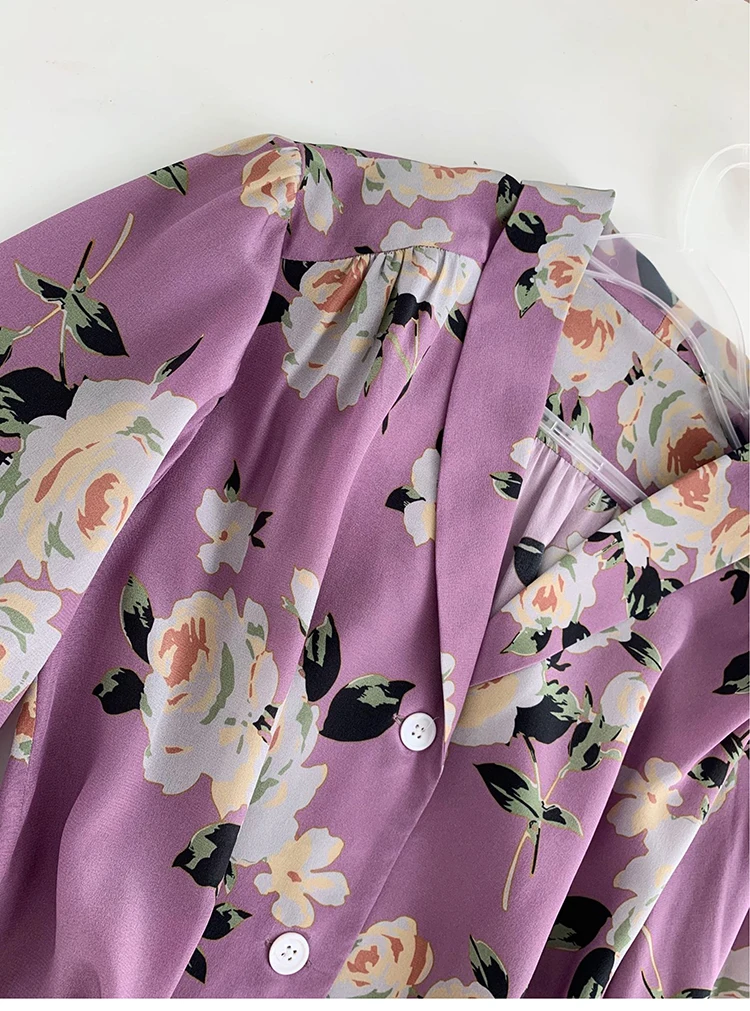 

100% Silk Fashion Women High Luxury Autumn Purple Rose Flower Bubble Lantern Sleeve Printed Long-Sleeved Silk Shirt Blouse