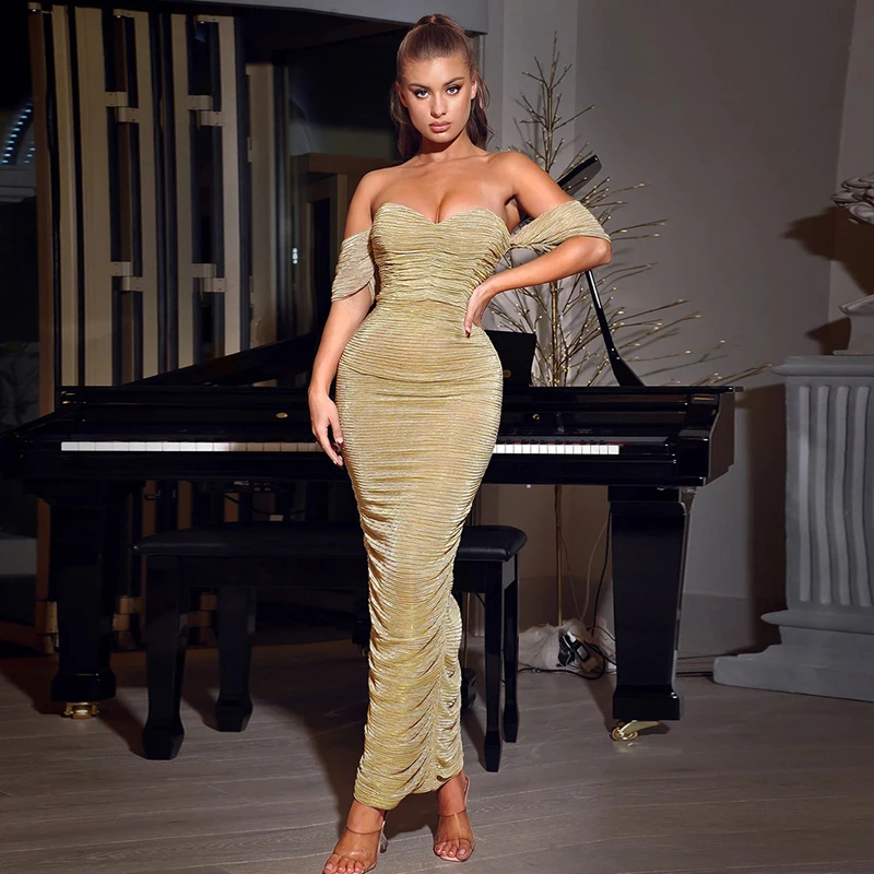 

Free Shipping Wholesale Summer Women's Dress Champagne Strapless Sexy Boutique Celebrity Cocktail Party Long Dress