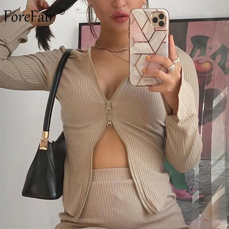 Женский ребристый топ на молнии Forefair Осенний вязаный Укороченный кардиган с
