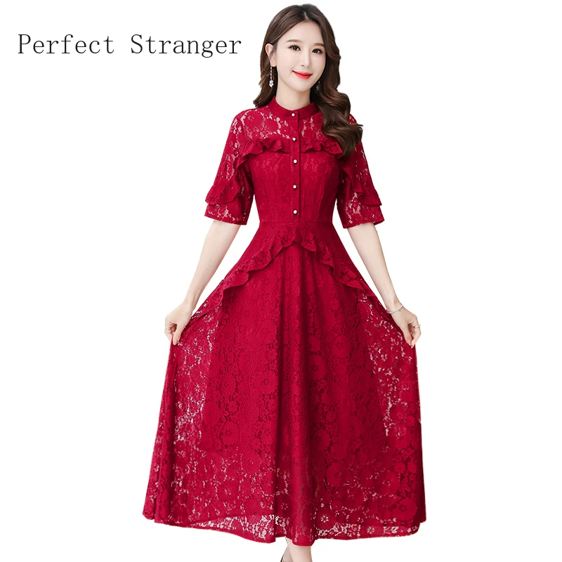 

2020 Summer New Arrival High Quality S-3XL Stand Collar Half Sleeve Ruffles Women Lace Long Dress
