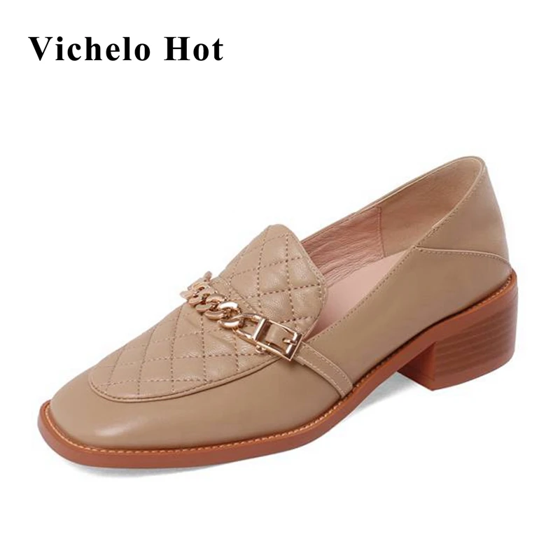 

Туфли Vichelo из коровьей кожи, на среднем каблуке, с квадратным носком, с металлической цепочкой, весенние туфли, повседневные Лоферы без шнуро...