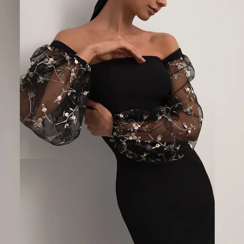 Женское платье с вышивкой длинное прозрачное Сетчатое облегающее квадратным