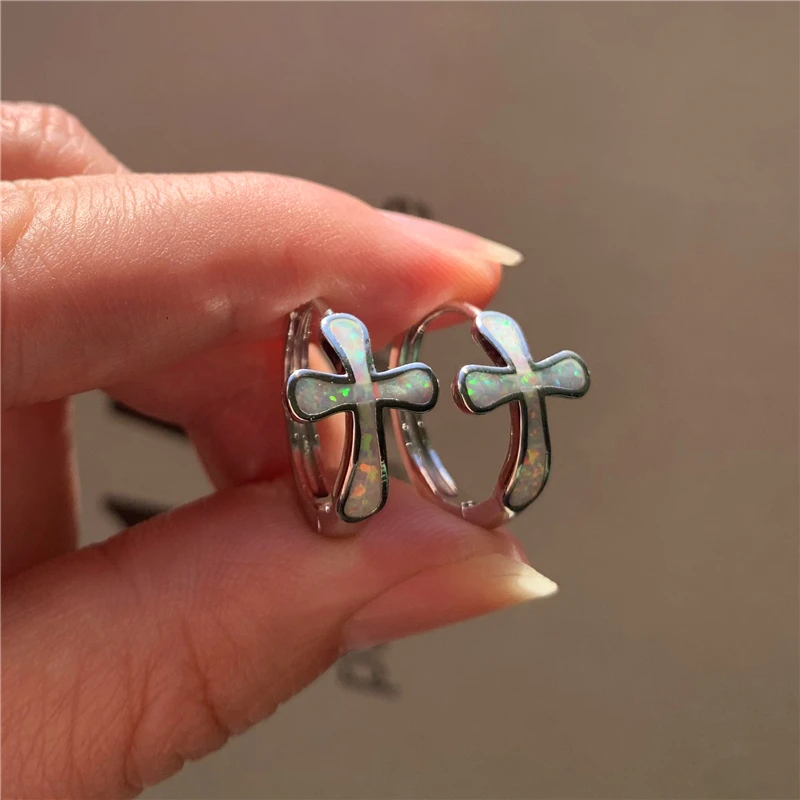 

Cute Female Small Cross Earrings Charm Silver Color Wedding Hoop Earrings Dainty White Blue Opal Stone Earrings For Women