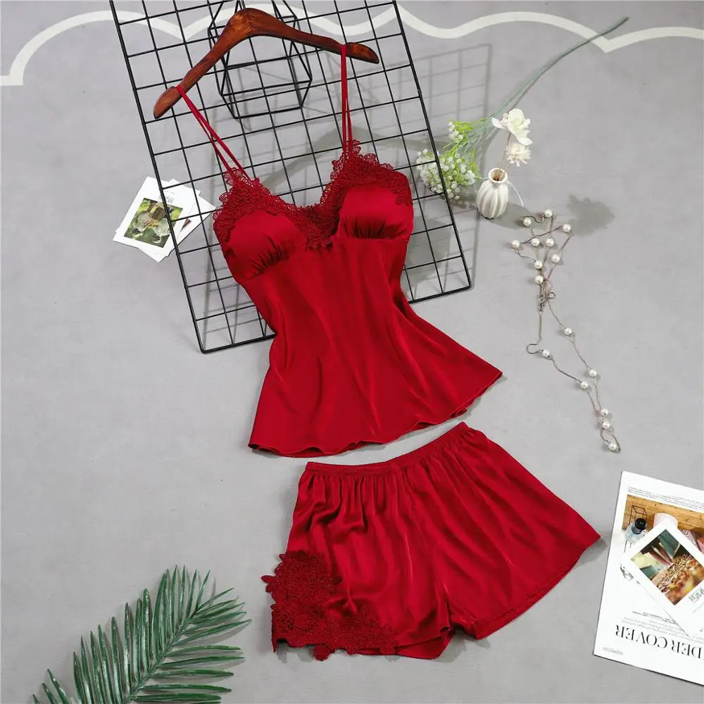 Женская пикантный Шелковый Атласный пижамный комплект с принтом