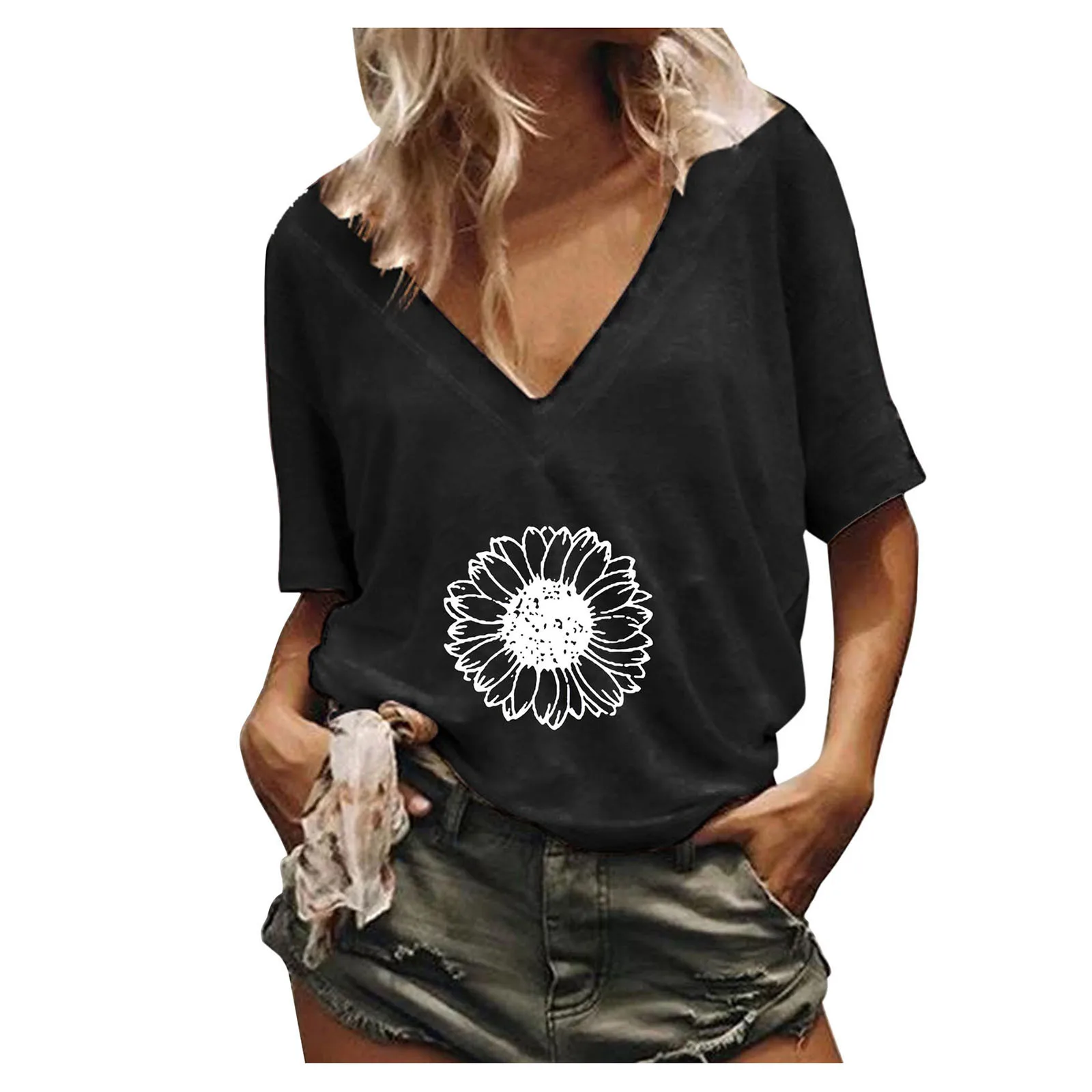 

Women's Blouse Print V-neck Tank Tops Floral Printed Short Sleeve Workout Shirts Casual Loose Floral For Women Mujer Camisetas