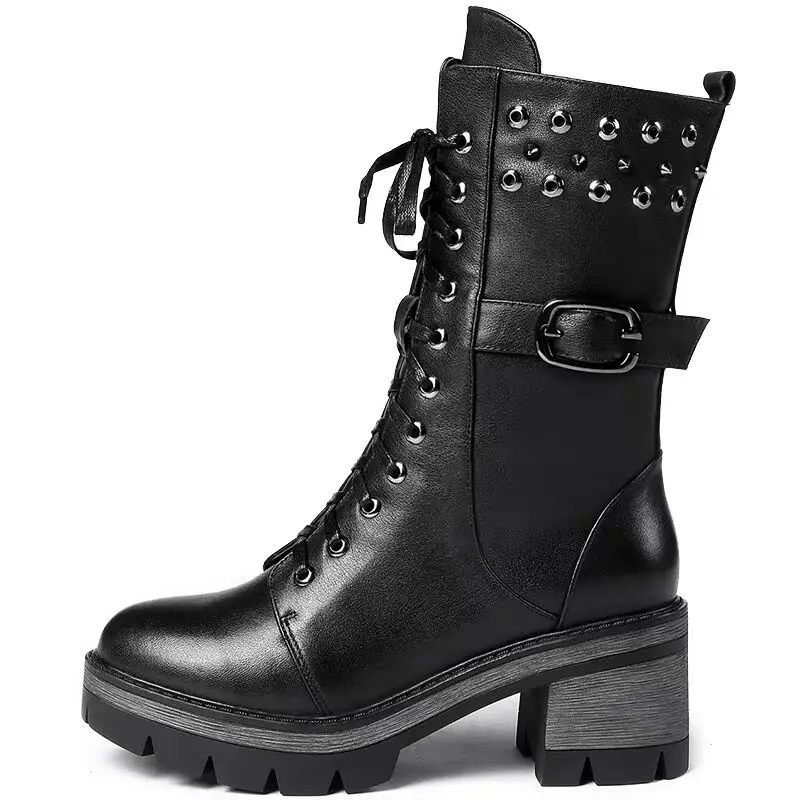 Autumn and Winter New Leather Women's Shoes Women's Boots Military Uniform Women's Roman Riding Cowboy Semi-platform Zipper Boot