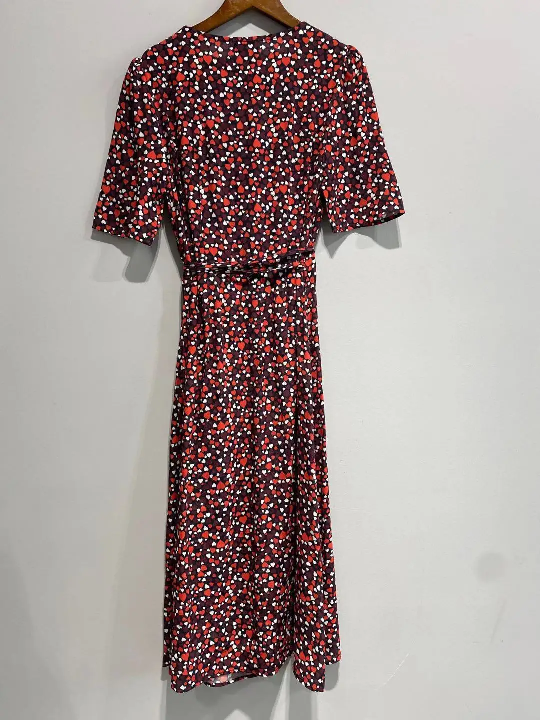 

Hearts Print Women V-Neck Wrap Midi Dress 2021 New Spring Summer Short Sleeve Holiday Slim Lace-up Dresses