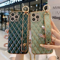 luxury gold plating geometric wrist strap phone case for iphone 12mini 11 pro xs max xr 7 8 plus se soft silicone glossy cover