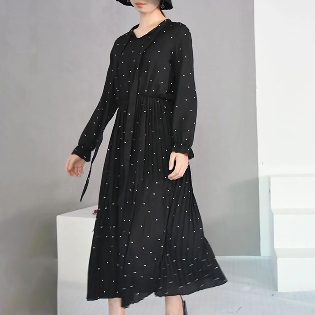 Женское шифоновое платье с v образным вырезом черное свободное в горошек размера