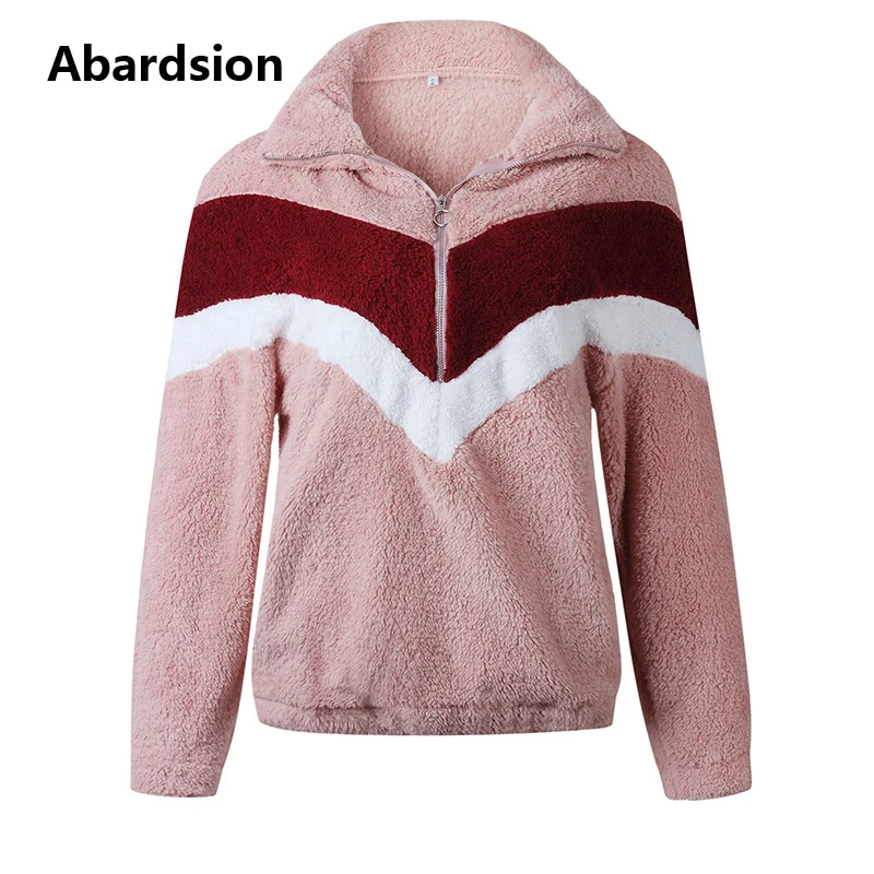 Abardsion/осень-зима, теплые меховые толстовки, верхняя одежда, Женский пуловер, Повседневный, пэчворк, на молнии, с длинными рукавами, плюшевая Толстовка