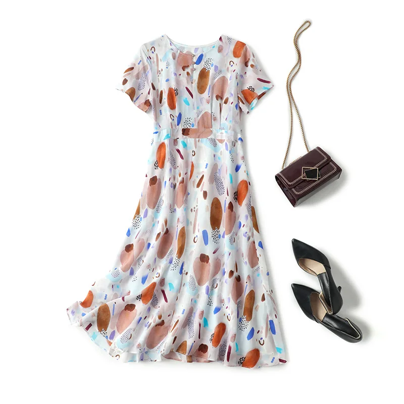 

Женское платье-миди с запахом, ТРАПЕЦИЕВИДНОЕ ПЛАТЬЕ из шелка тутового крепа с цветочным принтом, весна-лето 100%