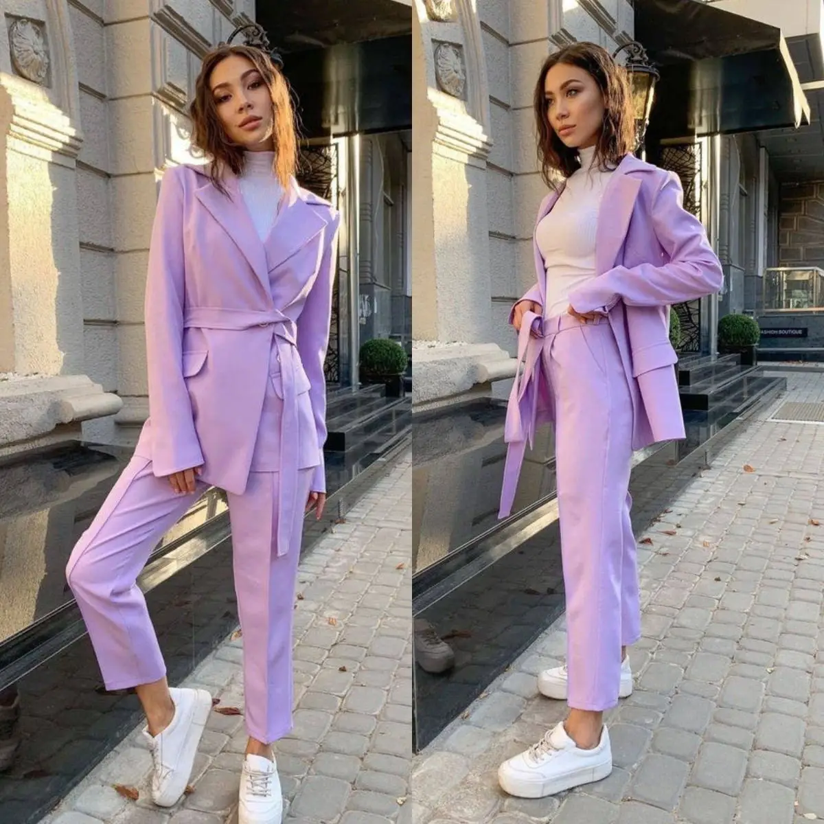 

Purple Stylish Women's Trouser Suit with Belt Two Pieces Prom Dress Party Wear Custom Made Lady Evening Gowns