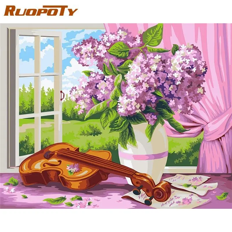 

RUOPOTY Frame DIY Painting By Number Kits Violin Window Wall Art Picture Coloring By Numbers Acrylic Paints For Home Decors