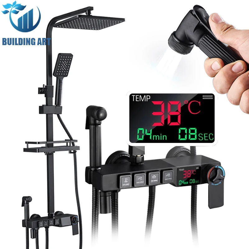 

Black Thermostatic Digital Display Showers Faucet Bathroom Sink Faucet Rain Shower Pan Faucet Shower Holder Sets Bidet Faucets