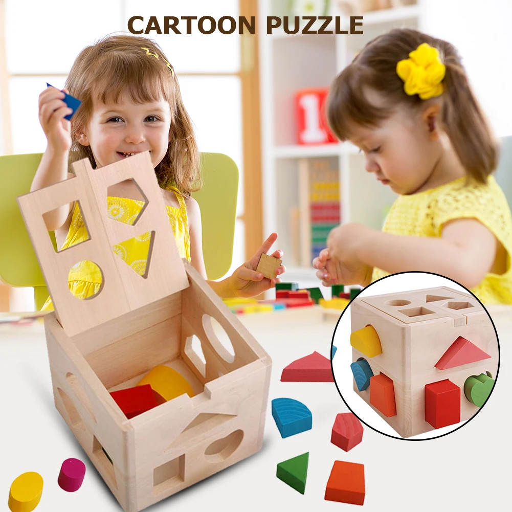Wood Geometric Shape Blocks and Sorter Sorting Cube Box  Building Blocks Puzzles Educational Toys For Toddler Preschool Children
