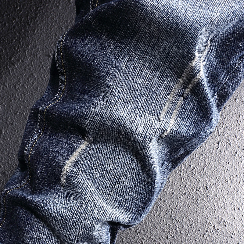 European Vintage Fashion Men Jeans Retro Black Blue Slim Fit Ripped Jeans Men Scratch Designer Frayed Hole Casual Denim Pants