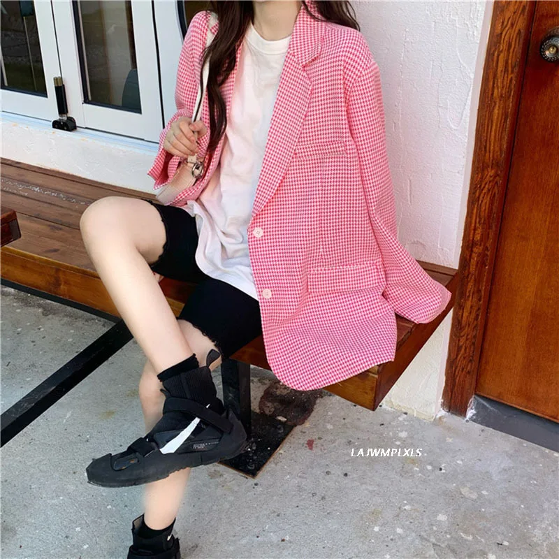 

Plus size 4XL 2021 New Pink Plaid Oversize Blazer Women Single Breasted Vintage Female Loose Blazer Plaid Jackets OL Korean