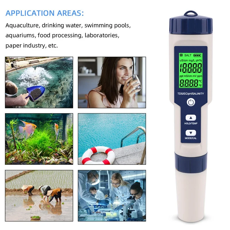 

5 in 1 TDS/EC/PH/Salinity/Temperature Meter Digital Water Quality Monitor Tester for Pools, Drinking Water, Aquariums(with Backl