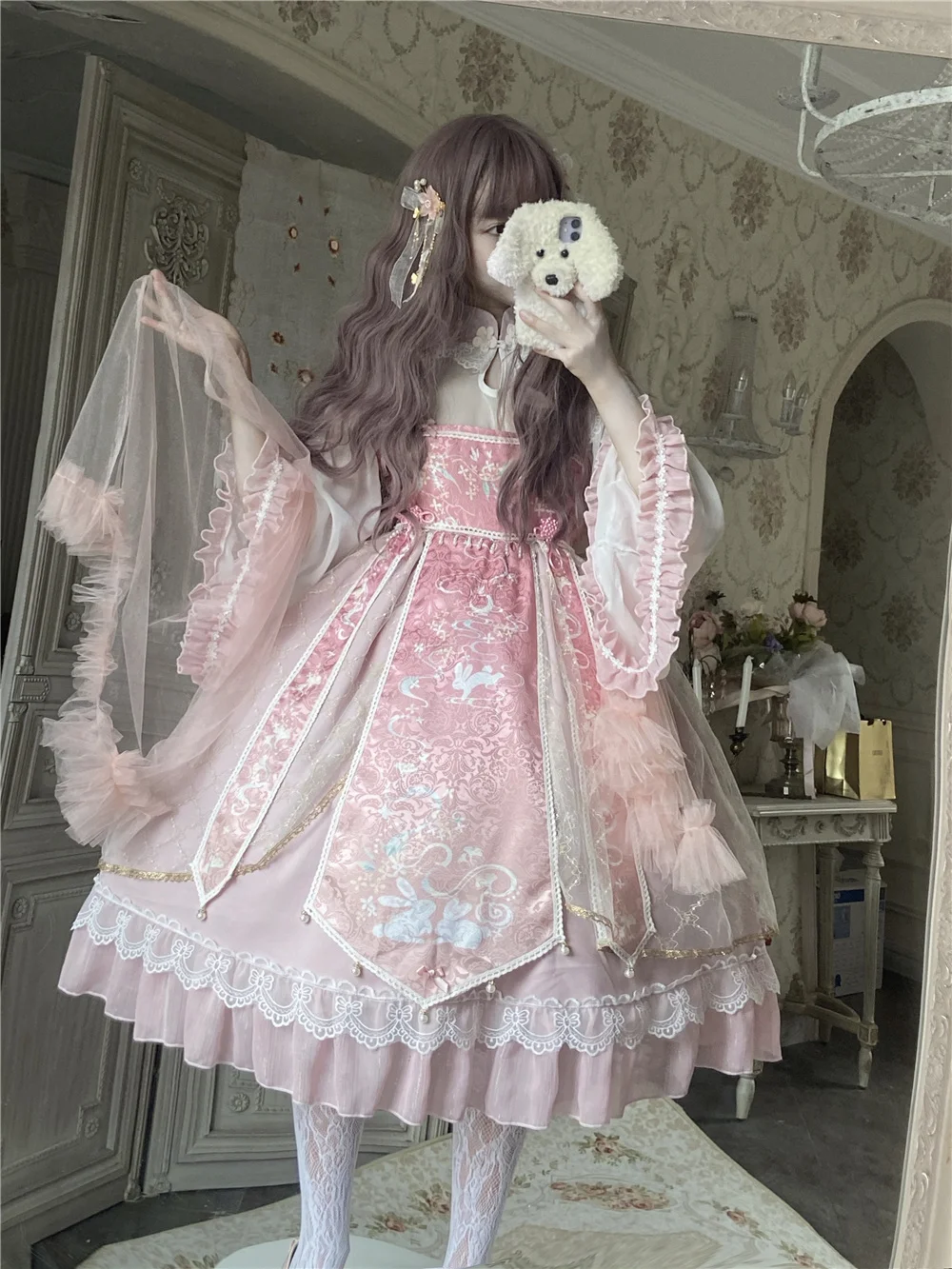 

Lolita Fairy Chinese Style Fairy Pearl Cheongsam Hanfu Sweet Lolita Sets Victorian Printing Kawaii Girl Loli Cos Gothic Lolita