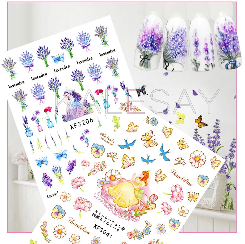 Princess Flower Faerie Nail Sticker for Design Decoration Lavender Art Stickers Decals Back Glue on Nails Manicure | Красота и