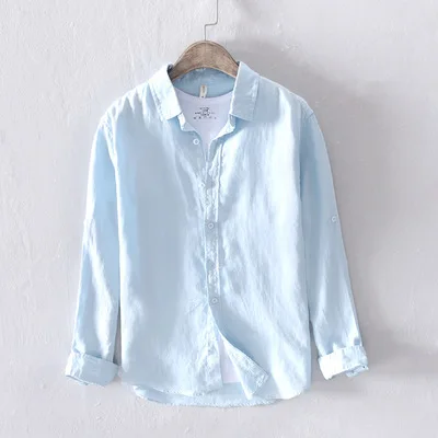 light blue Мужская весенне-осенняя Модная брендовая винтажная Однотонная рубашка с длинными рукавами в японском стиле из льна мужские повседневные приталенные рубашки - Цвет: light blue