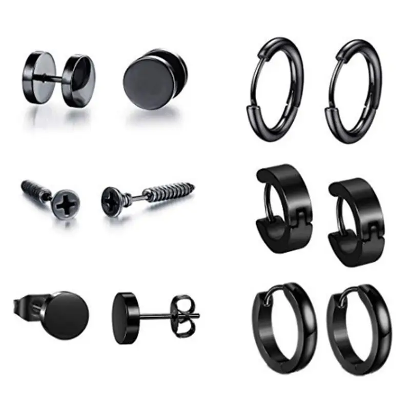 

6 Pair/set Trend Men Women Stainless Steel Personality Punk Earrings Unisex Ear Buckle Stud Jewelry