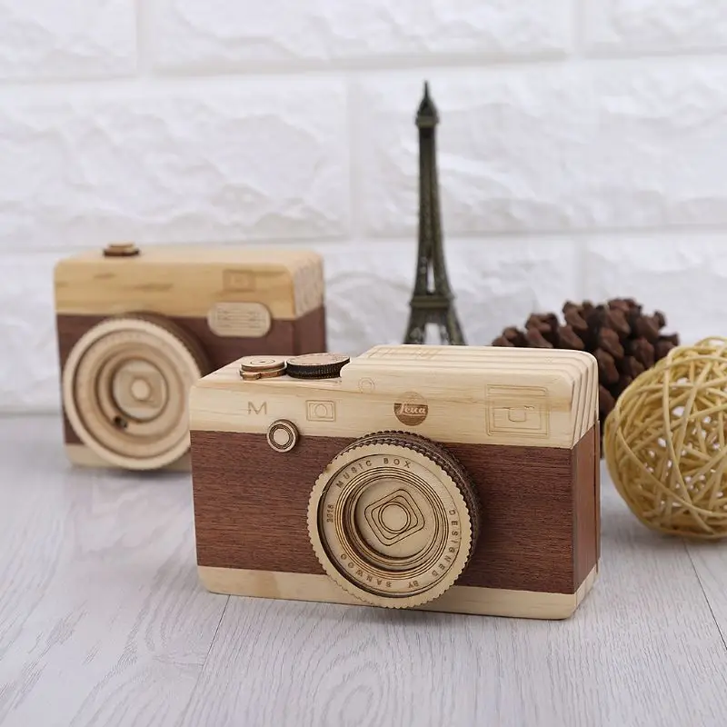 

Wooden Music Box Retro Camera Design Classical Melody Birthday Home Decoration