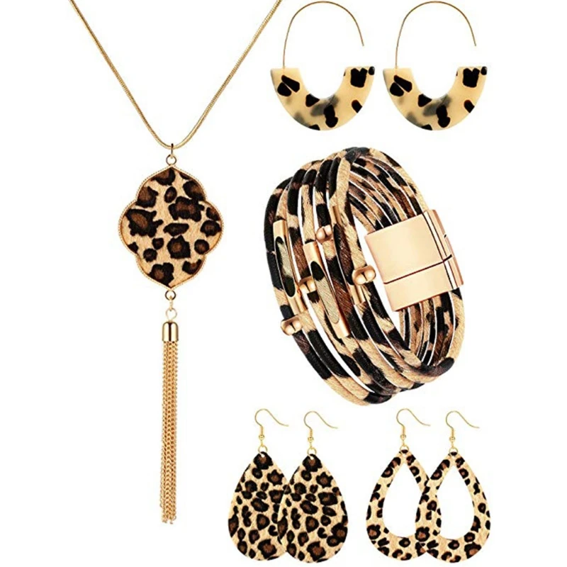 

Leopard Jewelry Set Tassel Necklace Leopard Dangle Earrings Multilayer Bracelets E56A