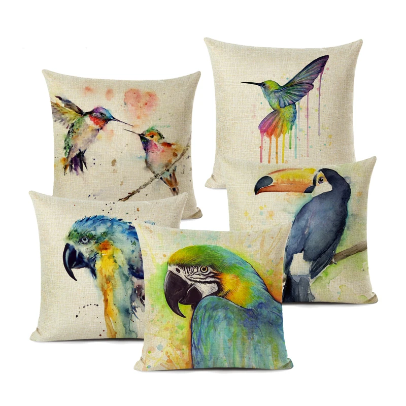

Watercolor Bird Cushion Cover Stylish Parrot Hummingbird Decorative Pillows Linen Square Home cojines decorativos para sof